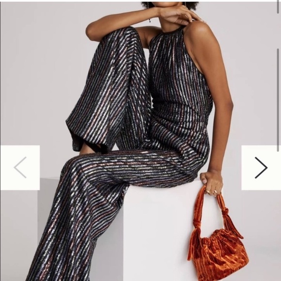NWT Maeve Anthropologie disco halter jumpsuit -Sequin formal Silver Sparkly 18W - Picture 4 of 14